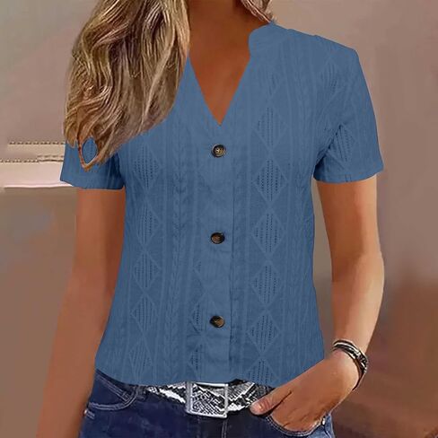 السيدات الأنيقة الصيفية T Shirt Eyelet التطريز الأكمام قصيرة الأكمام الزر أسفل القمصان العنق in Kuwait