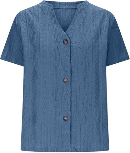 السيدات الأنيقة الصيفية T Shirt Eyelet التطريز الأكمام قصيرة الأكمام الزر أسفل القمصان العنق in Kuwait