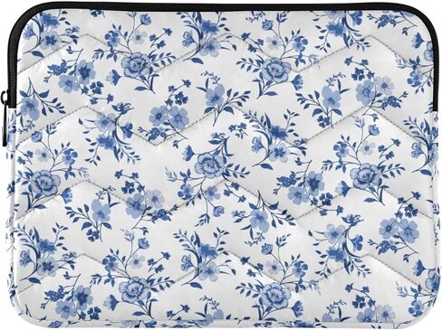 Retro Blue White Flower Puffy Laptop Sleeve for 13-14 Inch MacBook, Quilted Design Cute Puffer Bag Soft Lightweight Laptop Case for Man Women 360°Protective Laptop Sleeve, A06D24018 in Kuwait