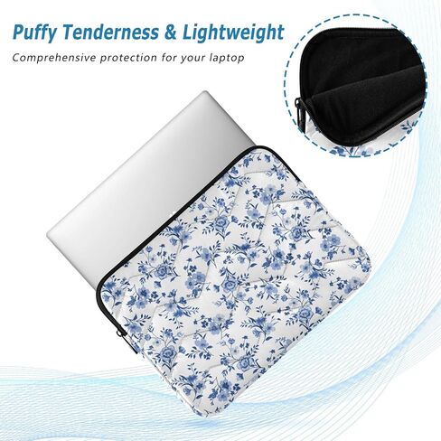 Retro Blue White Flower Puffy Laptop Sleeve for 13-14 Inch MacBook, Quilted Design Cute Puffer Bag Soft Lightweight Laptop Case for Man Women 360°Protective Laptop Sleeve, A06D24018 in Kuwait