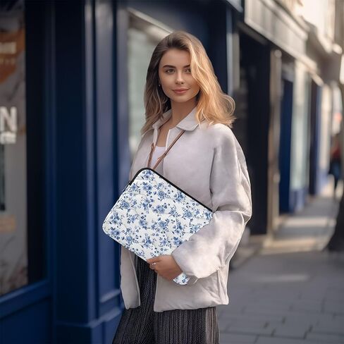Retro Blue White Flower Puffy Laptop Sleeve for 13-14 Inch MacBook, Quilted Design Cute Puffer Bag Soft Lightweight Laptop Case for Man Women 360°Protective Laptop Sleeve, A06D24018 in Kuwait