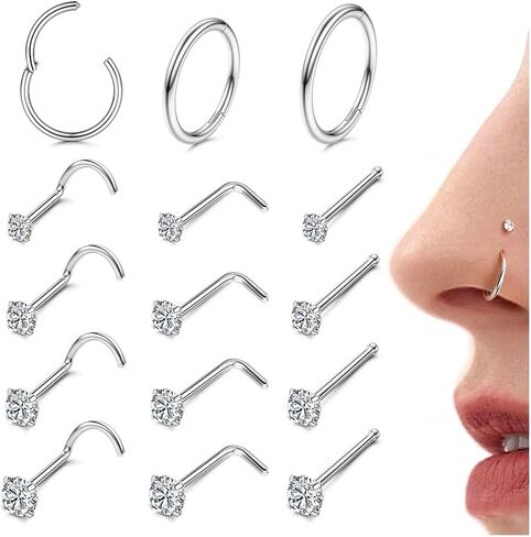 ORAZIO 18G 20G Nose Rings Studs Surgical Steel Gold/Silver Nose Rings for Women Men Hypoallergenic CZ L Shaped/Corkscrew/Straight Nose Studs Hinged Clicker Nose Rings Hoops Tiny Lip Stud Septunm Conch Ring Cartilage Earrings Body Piercing Jewelry in Kuwait