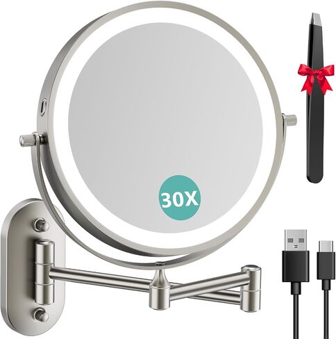 1X/30X Wall Mounted Lighted Makeup Mirror, 8" 3200 mAh Rechargeable Double-Sided Magnifying Mirror, Touch Dimmable 3 Color Lights, 360° Rotating Foldable 14.5" Extension Arm, Brushed Nickel in Saudi Arabia