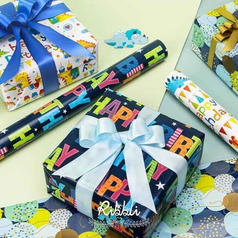Ribbli Ocean Birthday Wrapping Paper 3 Rolls Gift Wrapping Paper for Kids Baby Shower with Manta Ray Turtles Jellyfish- Mini Roll 17 inch x 120 inch(10feet) Per Roll in Saudi Arabia