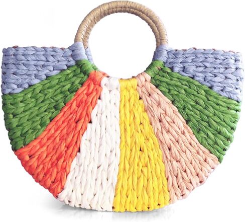 Simple Retro Semi-circle Rattan Straw Bag Hand-Woven Round Women Straw Paper Handbag Summer Beach Bag Tote Straw Bag Purse (Colorful) in Saudi Arabia