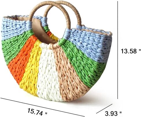 Simple Retro Semi-circle Rattan Straw Bag Hand-Woven Round Women Straw Paper Handbag Summer Beach Bag Tote Straw Bag Purse (Colorful) in Saudi Arabia