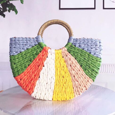 Simple Retro Semi-circle Rattan Straw Bag Hand-Woven Round Women Straw Paper Handbag Summer Beach Bag Tote Straw Bag Purse (Colorful) in Saudi Arabia