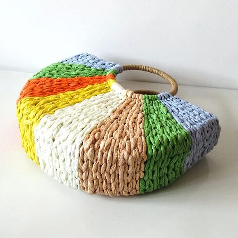 Simple Retro Semi-circle Rattan Straw Bag Hand-Woven Round Women Straw Paper Handbag Summer Beach Bag Tote Straw Bag Purse (Colorful) in Saudi Arabia