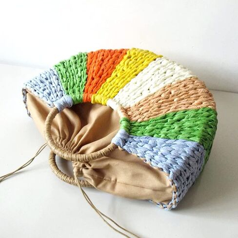 Simple Retro Semi-circle Rattan Straw Bag Hand-Woven Round Women Straw Paper Handbag Summer Beach Bag Tote Straw Bag Purse (Colorful) in Saudi Arabia