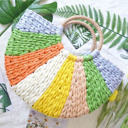Simple Retro Semi-circle Rattan Straw Bag Hand-Woven Round Women Straw Paper Handbag Summer Beach Bag Tote Straw Bag Purse (Colorful) in Saudi Arabia