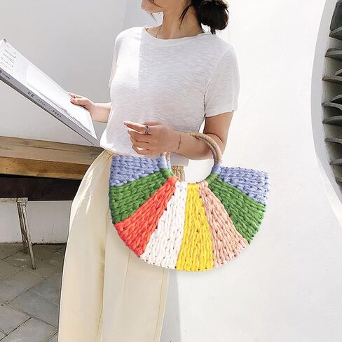 Simple Retro Semi-circle Rattan Straw Bag Hand-Woven Round Women Straw Paper Handbag Summer Beach Bag Tote Straw Bag Purse (Colorful) in Saudi Arabia