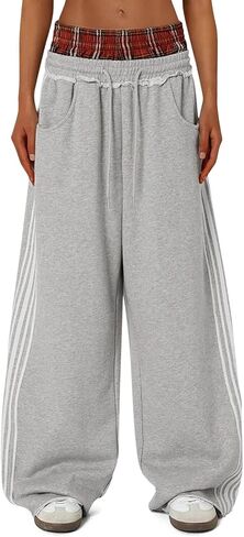 JUSJOJO Women's Wide Leg Baggy Sweatpants Y2k Plaid Patchwork Double Waist Sweat Pants Streetwear with Pockets in Saudi Arabia