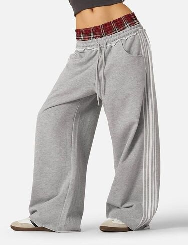 JUSJOJO Women's Wide Leg Baggy Sweatpants Y2k Plaid Patchwork Double Waist Sweat Pants Streetwear with Pockets in Saudi Arabia