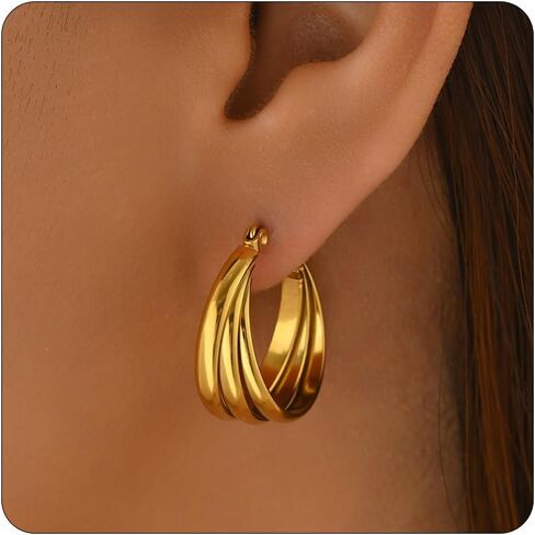 Gold Hoop Earrings for Women 18K Gold Plated Thick Hoop Earrings Trendy Chunky Earring Dainty Hypoallergenic Dangle Earring in Kuwait