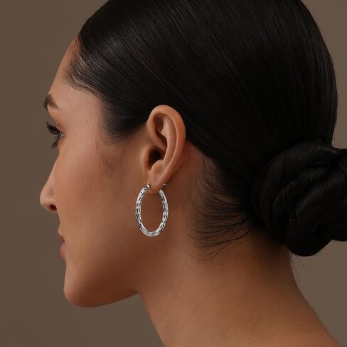 LeCalla 925 Sterling Silver Hoop Earrings for Women | Diamond-Cut Hoop Earrings | Oval & Round Shape Twisted Texture Earring Hoops in Saudi Arabia