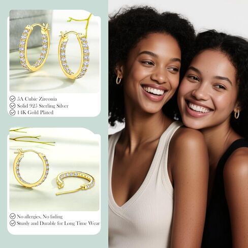 14K Gold Plated/925 Sterling Silver Sparkle Cubic Zirconia Hoop Earrings for Women fit Sensitive Ears 14mm/20mm/26mm Huggie/Medium/Large Hoops(with Gift Box) in Kuwait
