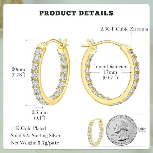 14K Gold Plated/925 Sterling Silver Sparkle Cubic Zirconia Hoop Earrings for Women fit Sensitive Ears 14mm/20mm/26mm Huggie/Medium/Large Hoops(with Gift Box) in Kuwait