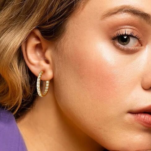 14K Gold Plated/925 Sterling Silver Sparkle Cubic Zirconia Hoop Earrings for Women fit Sensitive Ears 14mm/20mm/26mm Huggie/Medium/Large Hoops(with Gift Box) in Kuwait