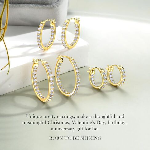 14K Gold Plated/925 Sterling Silver Sparkle Cubic Zirconia Hoop Earrings for Women fit Sensitive Ears 14mm/20mm/26mm Huggie/Medium/Large Hoops(with Gift Box) in Kuwait