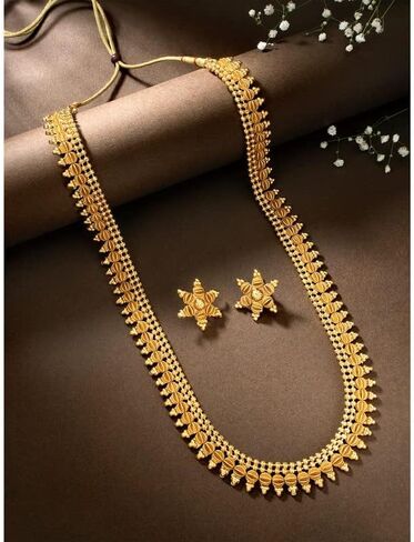 Aheli Traditional Long Gold Plated Maharashtrian & South Indian Style Necklace Earrings Jewellery Set Gift for Women in Saudi Arabia