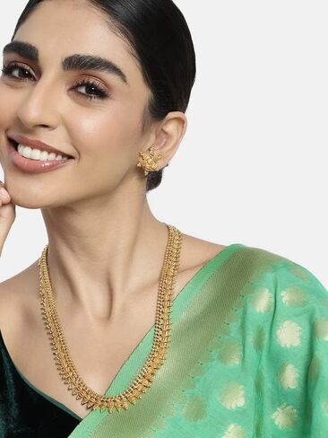 Aheli Traditional Long Gold Plated Maharashtrian & South Indian Style Necklace Earrings Jewellery Set Gift for Women in Saudi Arabia