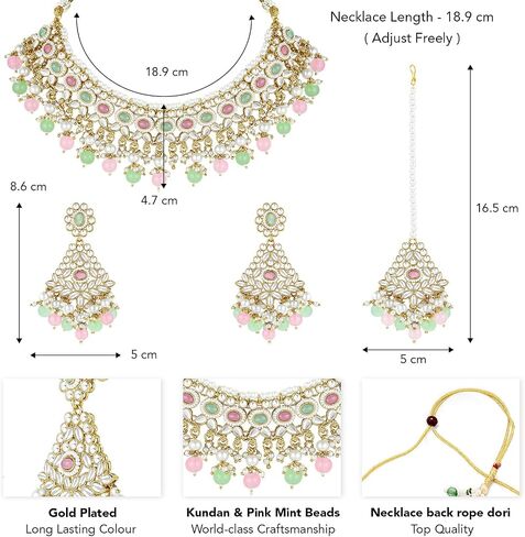 Aheli Kundan & Beads قلادة قلادة قلادة متدلية و Maangtikka مجموعة الهدية المجوهرات العرقية للنساء in Saudi Arabia