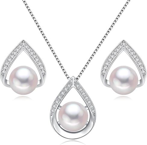 Pearl Necklace and Earrings Set, Saltwater/Freshwater Cultured Pearl Jewelry Set in 925 Sterling Silver - Elegance for Wife, Mom, Girlfriend on Anniversary, Mother's Day, or Birthday in Kuwait
