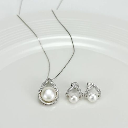 Pearl Necklace and Earrings Set, Saltwater/Freshwater Cultured Pearl Jewelry Set in 925 Sterling Silver - Elegance for Wife, Mom, Girlfriend on Anniversary, Mother's Day, or Birthday in Kuwait