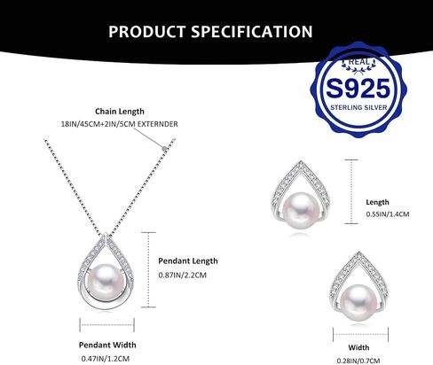 Pearl Necklace and Earrings Set, Saltwater/Freshwater Cultured Pearl Jewelry Set in 925 Sterling Silver - Elegance for Wife, Mom, Girlfriend on Anniversary, Mother's Day, or Birthday in Kuwait
