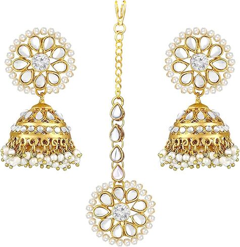 أقراط أهيلي كوندان بيرل Jhumki مع Maang Tikka الهندية التقليدية بوليوود أزياء المجوهرات مجموعة هدية للنساء in Kuwait