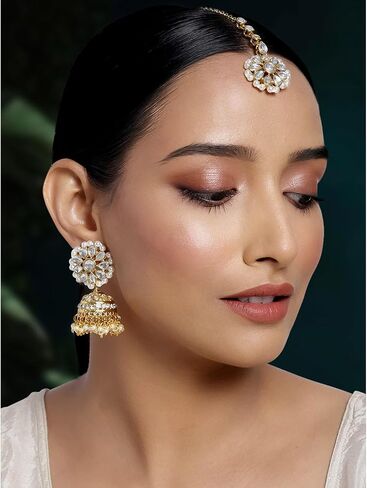 أقراط أهيلي كوندان بيرل Jhumki مع Maang Tikka الهندية التقليدية بوليوود أزياء المجوهرات مجموعة هدية للنساء in Kuwait