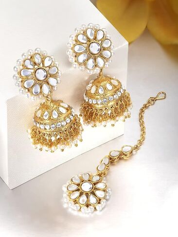 أقراط أهيلي كوندان بيرل Jhumki مع Maang Tikka الهندية التقليدية بوليوود أزياء المجوهرات مجموعة هدية للنساء in Kuwait