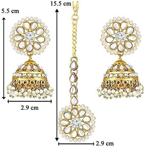 أقراط أهيلي كوندان بيرل Jhumki مع Maang Tikka الهندية التقليدية بوليوود أزياء المجوهرات مجموعة هدية للنساء in Kuwait