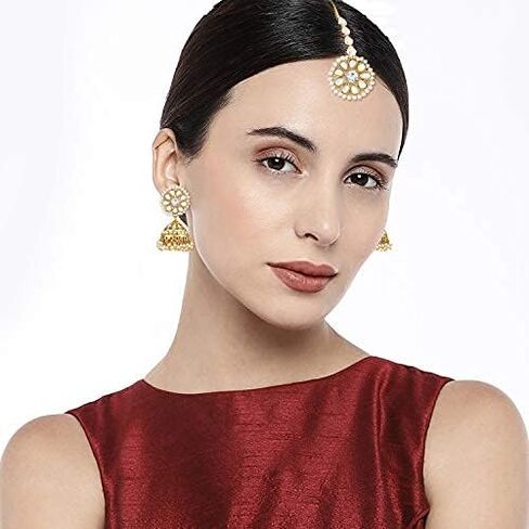 أقراط أهيلي كوندان بيرل Jhumki مع Maang Tikka الهندية التقليدية بوليوود أزياء المجوهرات مجموعة هدية للنساء in Kuwait