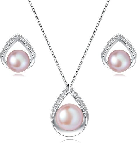 Pearl Necklace and Earrings Set, Saltwater/Freshwater Cultured Pearl Jewelry Set in 925 Sterling Silver - Elegance for Wife, Mom, Girlfriend on Anniversary, Mother's Day, or Birthday in Kuwait