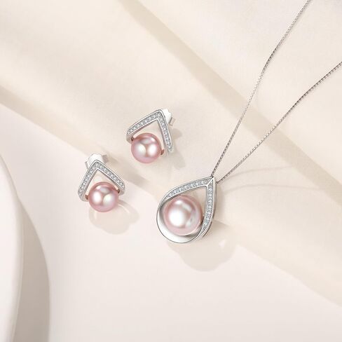 Pearl Necklace and Earrings Set, Saltwater/Freshwater Cultured Pearl Jewelry Set in 925 Sterling Silver - Elegance for Wife, Mom, Girlfriend on Anniversary, Mother's Day, or Birthday in Kuwait