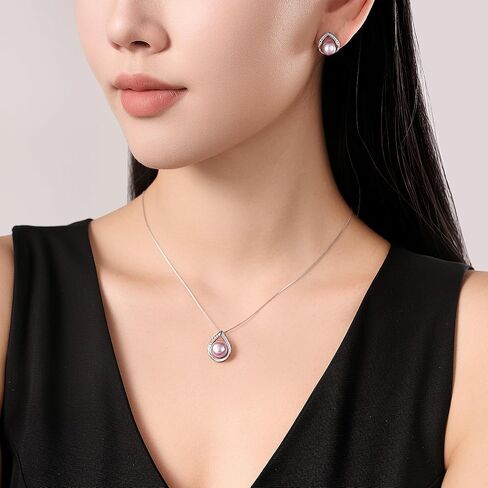 Pearl Necklace and Earrings Set, Saltwater/Freshwater Cultured Pearl Jewelry Set in 925 Sterling Silver - Elegance for Wife, Mom, Girlfriend on Anniversary, Mother's Day, or Birthday in Kuwait