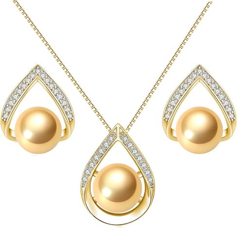 Pearl Necklace and Earrings Set, Saltwater/Freshwater Cultured Pearl Jewelry Set in 925 Sterling Silver - Elegance for Wife, Mom, Girlfriend on Anniversary, Mother's Day, or Birthday in Kuwait