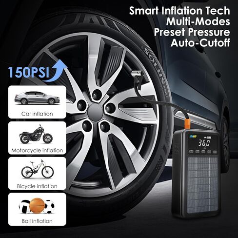 JIYHF 3000A Jump Starter with Air Compressor 150PSI Tire Inflator-12V Battery 8.0L Gasoline and 6.0L Diesel Engines, Portable Car Battery Jump Starter with Solar Panel and PD 45W Fast Charge in Saudi Arabia