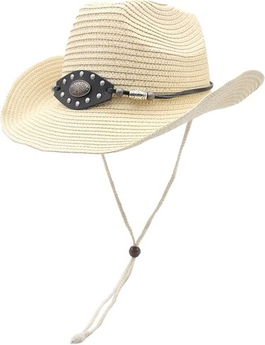 Western Straw Cowboy Hat for Women Men Knight Hat Wide Brim Summer Beach Sun Hats Leather Hatband Wind Lanyard in Saudi Arabia