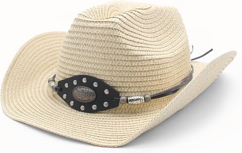 Western Straw Cowboy Hat for Women Men Knight Hat Wide Brim Summer Beach Sun Hats Leather Hatband Wind Lanyard in Saudi Arabia