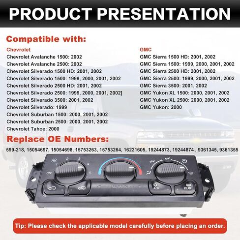 599-266 لوحة التحكم في المناخ A/C A/C متوافقة مع 1999-2002 Chevrolet Avalanche Silverado Silverado Suburban 1500 2500 3500 Tahoe GMC Sierra Yukon XL Truck استبدال 19244873 in Saudi Arabia