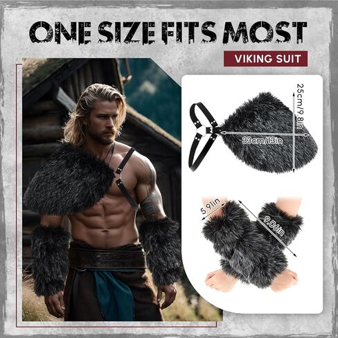 Geyoga 3 Pieces Halloween Mens Viking Costume Medieval Viking Faux Fur Shoulder Armor Faux Fur Arm Cuffs Wrap Medieval Costume Cloak Bracers Hand Warmer for Halloween Viking Cosplay Men Brown in Saudi Arabia