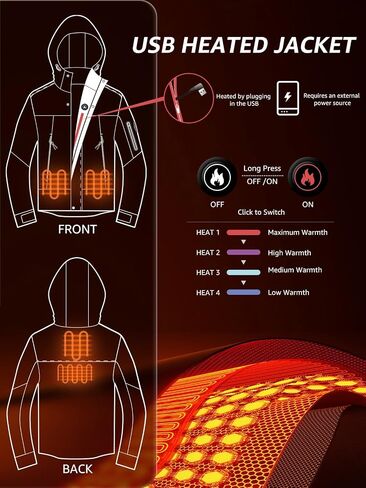 Men's Heated Jacket Waterproof with USB 4-Temp Control Lightweight for Skiing Hiking in Saudi Arabia