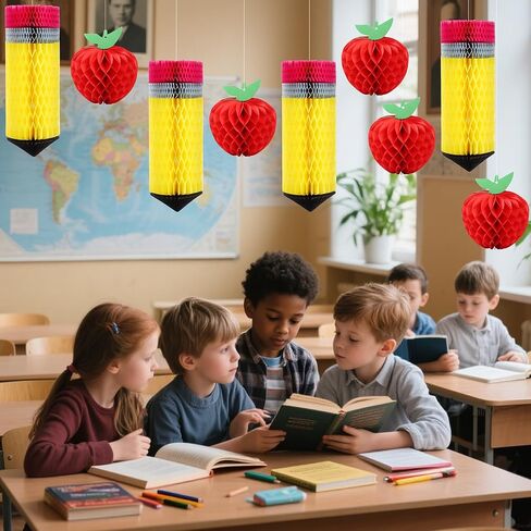 FOIMAS 12pcs Back to School Hanging Honeycomb Decoration Apple-Shaped Pencil Hanging Decoration for Back to School Teacher Apperation First Day of School Classroom Party Decor in Saudi Arabia