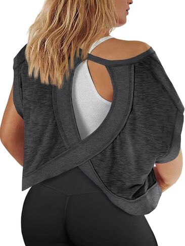 Fisoew Womens Plus Size Open Back Workout Tops Backless Short Sleeve Athletic Shirt Running Crop Top Gym Yoga T-Shirt in Saudi Arabia