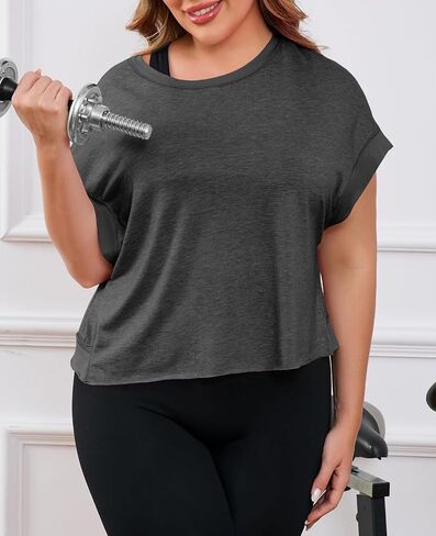 Fisoew Womens Plus Size Open Back Workout Tops Backless Short Sleeve Athletic Shirt Running Crop Top Gym Yoga T-Shirt in Saudi Arabia