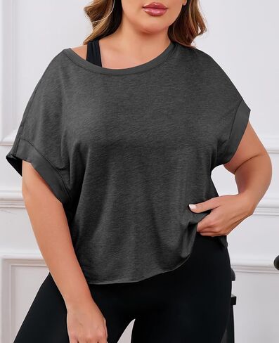 Fisoew Womens Plus Size Open Back Workout Tops Backless Short Sleeve Athletic Shirt Running Crop Top Gym Yoga T-Shirt in Saudi Arabia