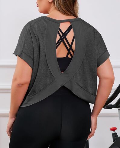 Fisoew Womens Plus Size Open Back Workout Tops Backless Short Sleeve Athletic Shirt Running Crop Top Gym Yoga T-Shirt in Saudi Arabia