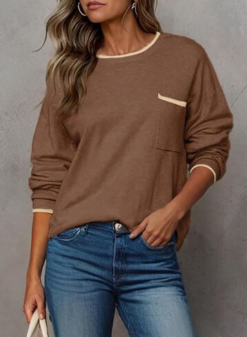 Dokotoo Womens Sweaters Casual Crewneck Long Sleeve Pullover Sweater Jumper Tops with Chest Pocket in Saudi Arabia